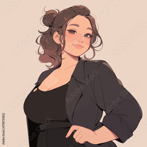A woman with wavy brown hair stands confidently in a fashionable outfit. She poses with her hand on her waist, radiating a sense of self-assurance and style.