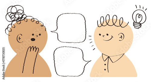 Hand drawn style kids talk with speech bubble light bulb flat vector. Comic doodle cute students discuss with chat balloon. Crayon line drawing colorful people avatar speak talking chatting. African