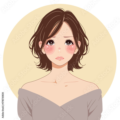 A young woman with wavy brown hair looks thoughtfully at the viewer, her cheeks slightly flushed. The background is a soft yellow circle, creating a warm atmosphere.