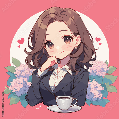 A young woman with long brown hair smiles gently while sipping coffee. She wears a black suit and is surrounded by colorful flowers against a pink backdrop.