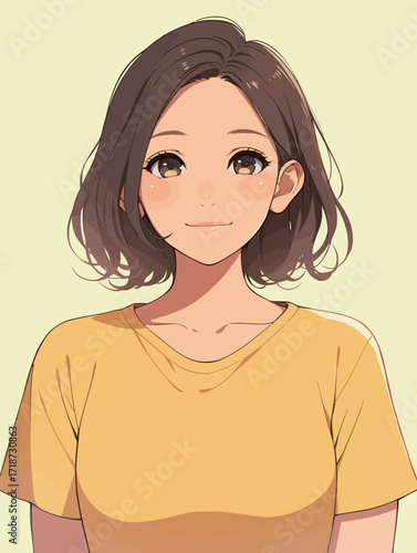 A cheerful young woman with short, wavy hair smiles warmly while wearing a bright yellow shirt. The background is simple and light, enhancing her friendly expression.