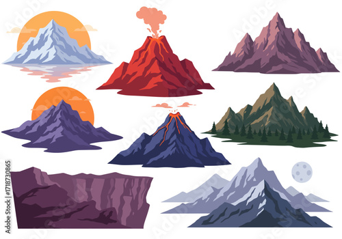 Graphic mountains and volcanoes varied colors and designs some erupting others with sunmoon arranged against a white backdrop