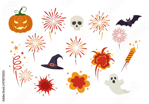 Halloweenthemed graphic featuring a pumpkin skull bat ghost witch hat and various fireworks