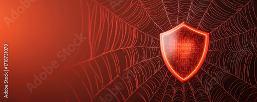 Halloween cyber security technology concept with glowing shield on digital spider web background for spooky protection