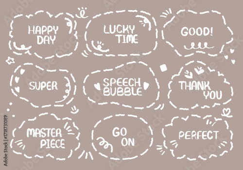 Set of white out-line hand drawn doodle style speech bubble vector text handwritten positive words. Comic cartoon style cheerful message memo sticker to cheerful. Happy Lucky Thank Perfect Super