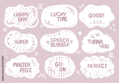 Comic style cute quote colorful speech bubble with positive words. Set of hand drawn memo frame. Cartoon doodle crayon drawing cloud, box, message. Flat vector. Happy Good Luck Thank Perfect Day Go On