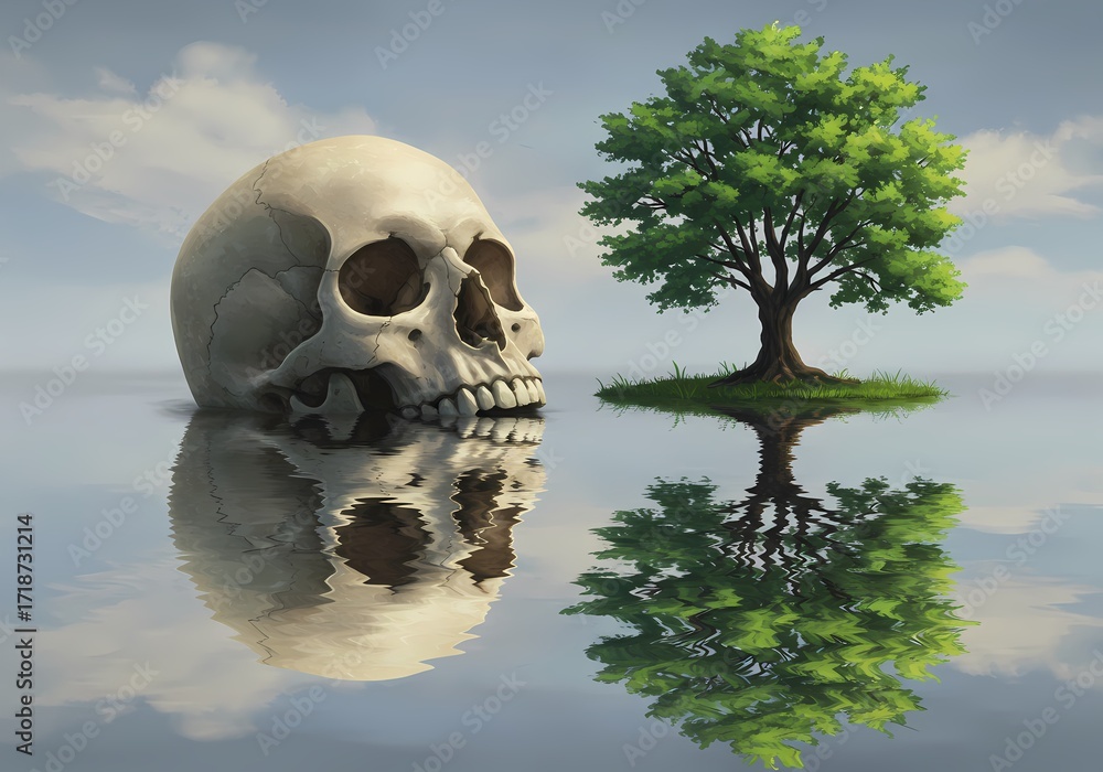 © Jchanism - Conceptual illustration of a skull and a tree reflected in water, representing the contrast between life and death, time’s finiteness, and the cycle of existence © Jchanism - Conceptual illustration of a skull and a tree reflected in water, representing the contrast between life and death, time’s finiteness, and the cycle of existence