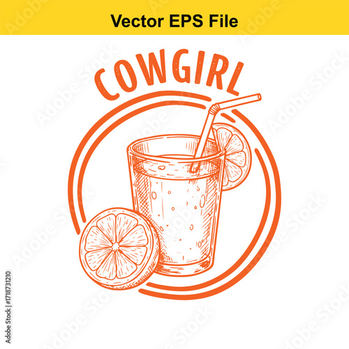 Cowgirl drink with orange slices and straw, isolated on white background
