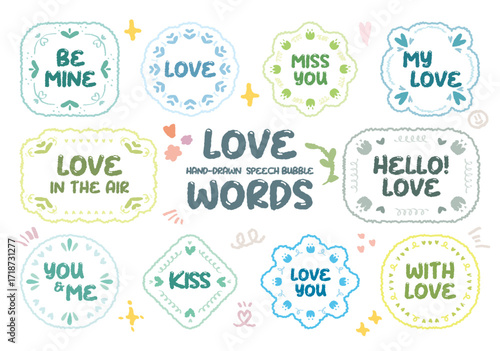 Hand drawn cartoon retro style chat box set. Doodle crayon drawing speech bubble sticker. Cute comics lace dialog quote frame for text. Heart flower shape  decorated speak blank for invitation. Girl
