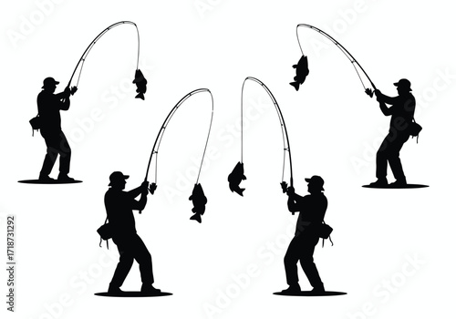 Vector illustration of illustration of fishermen silhouettes catching fish