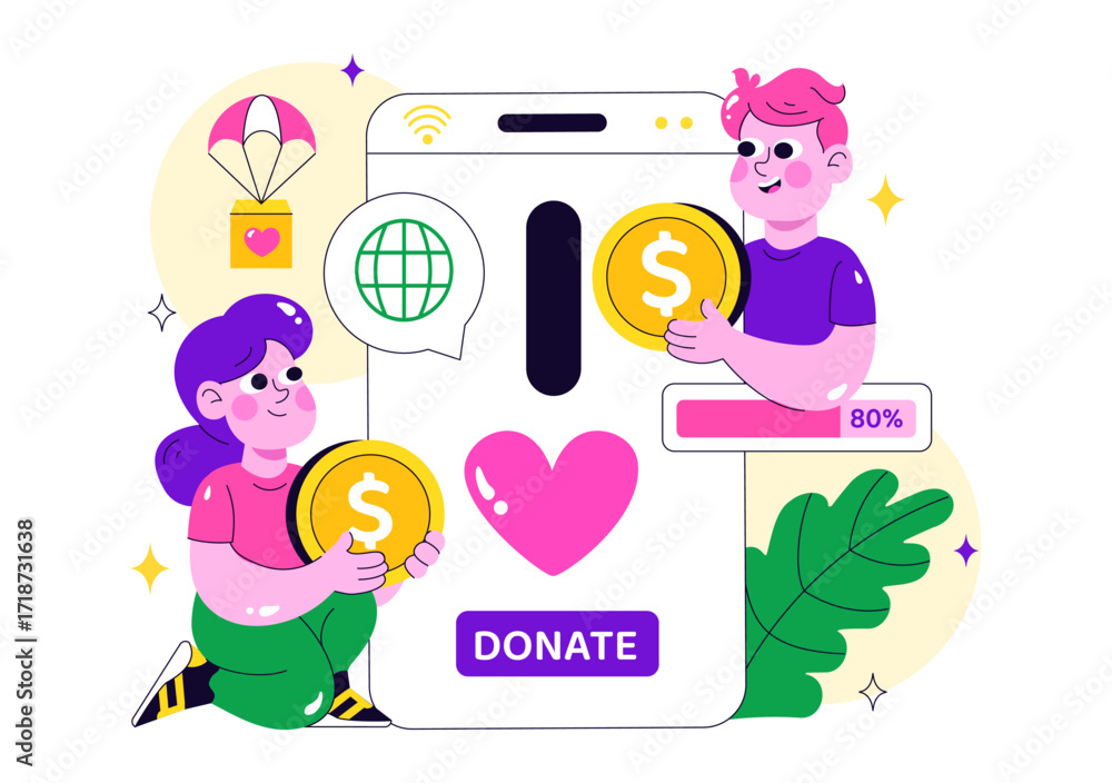 Fototapeta premium Online Fundraising Illustration Featuring a Fundraiser with a Heart to Symbolize Support and Humanitarian Assistance, Donation, and Helping Others