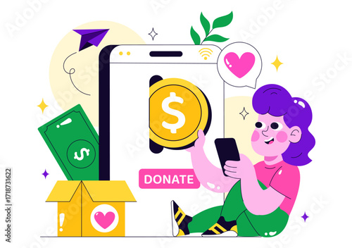 Online Fundraising Illustration Featuring a Fundraiser with a Heart to Symbolize Support and Humanitarian Assistance, Donation, and Helping Others