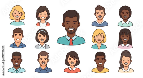Flat Line Style Diverse Group of People Avatars Character Illustration