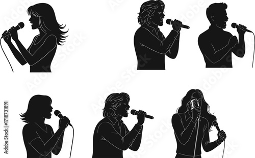 Silhouettes of male and female singers performing with microphone, live music concert illustration, vocal artists, stage performance, entertainment, singing show