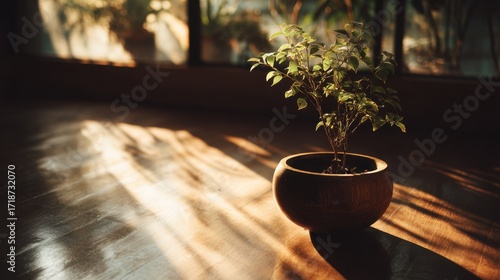 Potted Plant on Floor with Sunlight Streaming Through Window