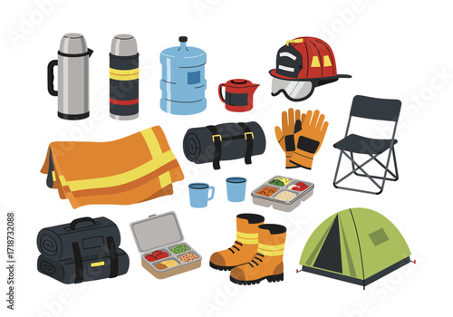 Hiking and camping gear set includes a tent clothing food and water