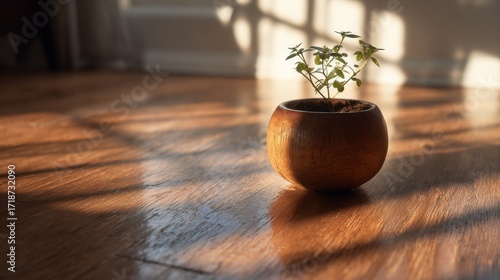 Small Plant in Wooden Pot on Sunlit Wooden Floor with Shadows