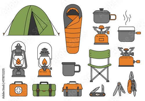 Illustration features camping gear tent sleeping bag stove lanterns chair  supplies