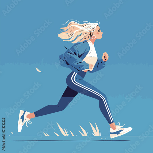 A woman is running swiftly in an outdoor setting. She is wearing a blue jacket and athletic pants, with a clear sky behind her. The scene captures a sense of energy and movement.