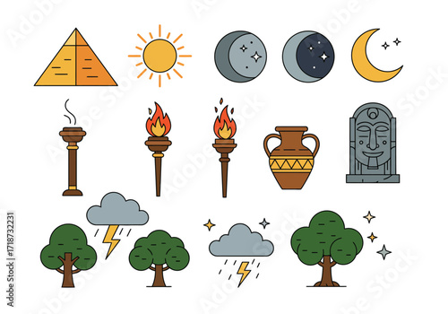 Illustration features pyramid sun moon phases torches vase statue storms and trees