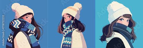 Three girls are seen in stylish winter attire with colorful hats and scarves. They give off a cozy vibe against a bright blue background.