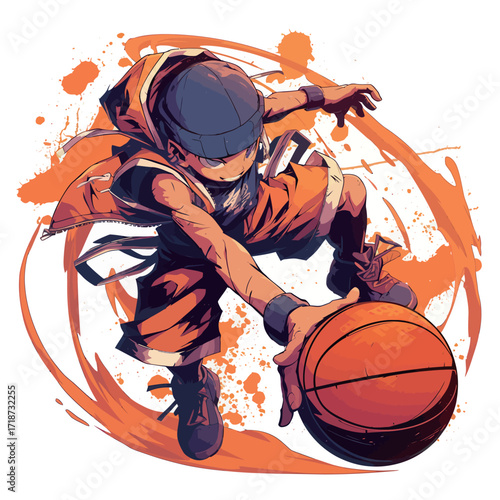 A young athlete shows intense concentration while dribbling a basketball. The background features vibrant splashes of orange, enhancing the dynamic movement.
