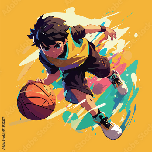 A young boy plays basketball, dribbling with skill. He wears a yellow and black uniform and is set against a vibrant yellow background filled with colorful splashes.