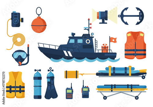 Illustration of a rescue boat  associated equipment like life vests oxygen tanks radios and a stretcher