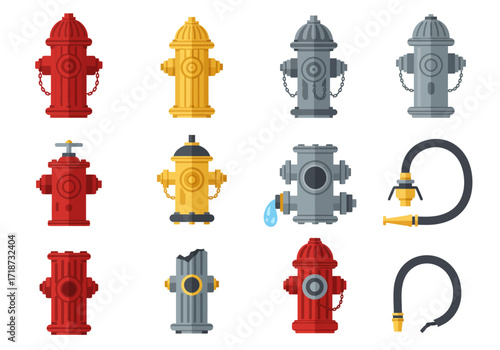 Illustration of twelve fire hydrants in different colors and styles with varying conditions and a fire hose