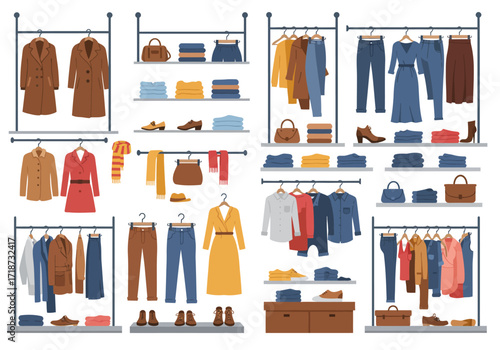 Illustration shows clothes and accessories displayed in a store on racks and shelves