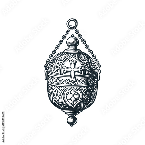 Vintage Reliquary sacred relic container. Black white hand drawn vector illustration.
