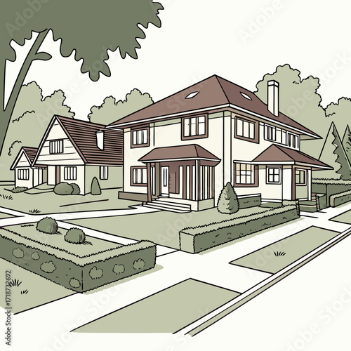 Architectural drawing of a grand suburban house and neighboring homes