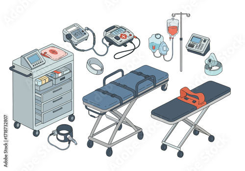 Isometric view medical cart stretchers IV drip  monitor devices in clinical setting