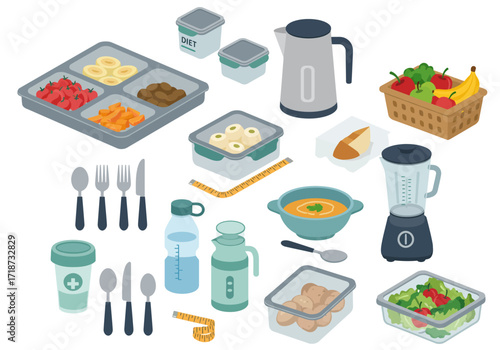 Isometric view of dietrelated items food containers fruits cooking appliances and measuring tools