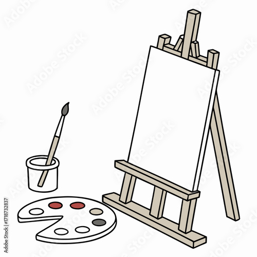 Artist Easel Paint Palette and Brush with Water Cup Keywords: art, artist, easel, paint, palette