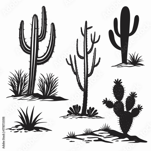 Assortment of Desert Cactus Silhouettes with Grass Elements