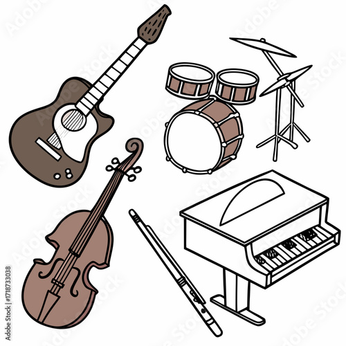 Assortment of musical instruments in brown tones guitar