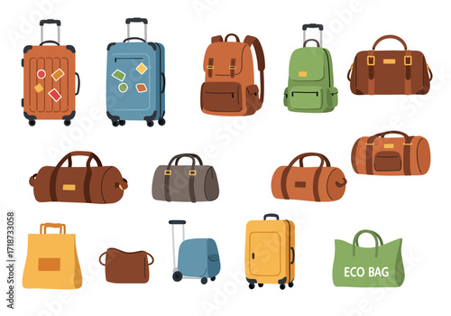 Many styles of luggage rolling suitcases duffel bags backpacks and tote bags