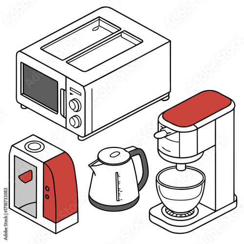 Assortment of kitchen appliances including toaster coffee maker and mixer