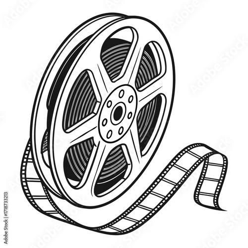 Black and white film reel with unwound film strip movie