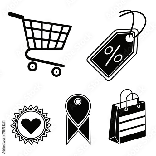 Black and white icons for shopping and sales cart trolley