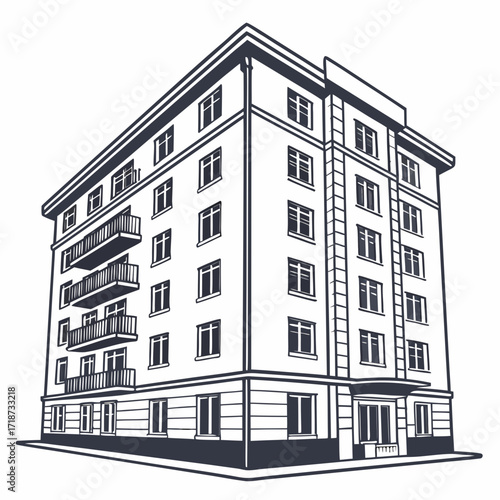 Black and white drawing of a residential apartment building Keywords: building, apartment