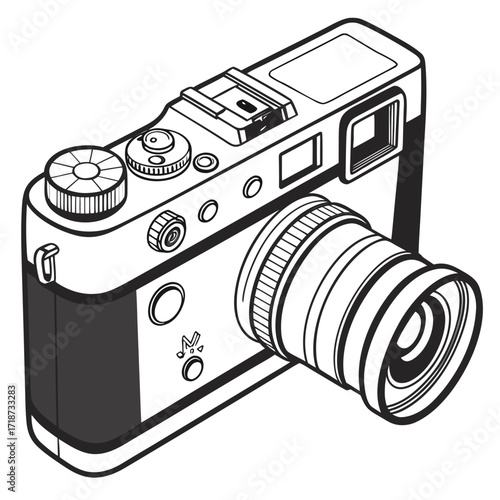 Black and white illustration of a modern digital camera