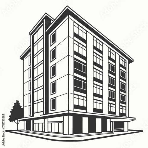 Black and White Illustration of a Multi- Story Apartment Building Keywords: apartment building