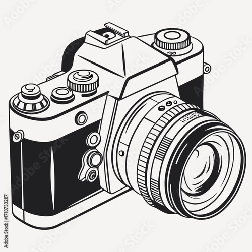 Black and white illustration of a classic SLR camera