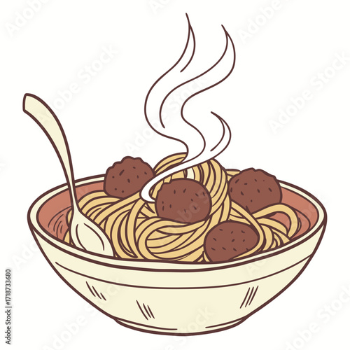 Bowl of spaghetti with meatballs and spoon Keywords: spaghetti, pasta, meatballs, food, italian