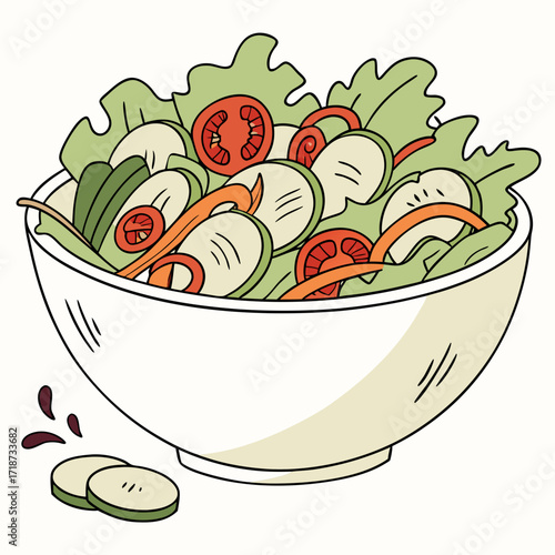 Bowl of salad with sliced cucumbers and dressing drops