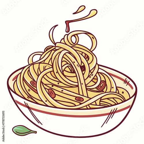 Bowl of spaghetti with sauce and a basil leaf Keywords: spaghetti, pasta, food, italian food