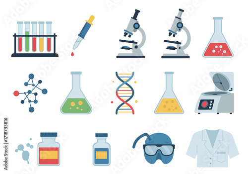 Scientific icons showing lab equipment  tools beakers test tubes microscopes DNA strand safety gear  lab coat