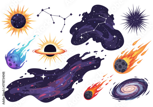 Space art features a sun constellation black hole nebula comets  galaxy
